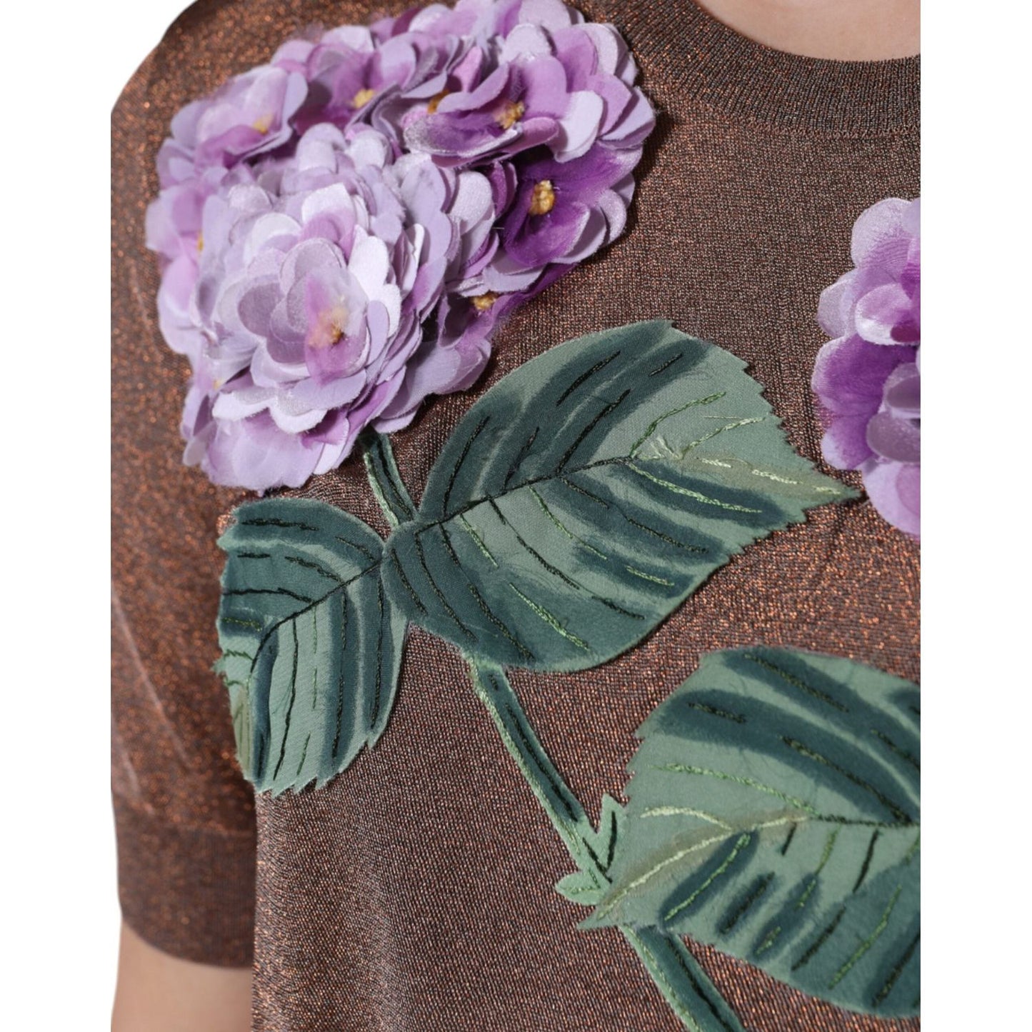 Dolce & Gabbana Brown Floral Applique Viscose Short Sleeve Top Dolce & Gabbana