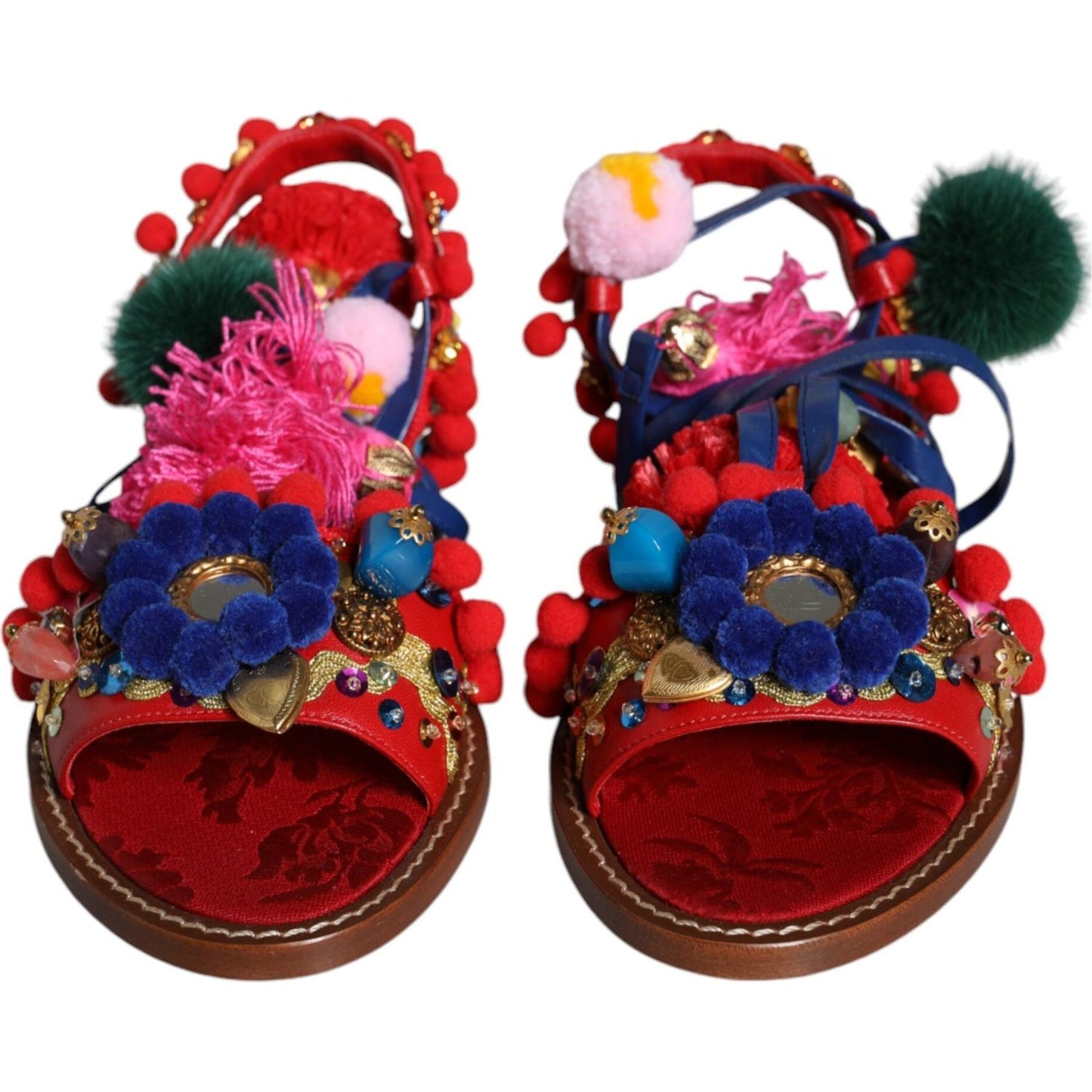 Dolce & Gabbana Multicolor Pom Pom Fur Wrap Sandals Shoes Dolce & Gabbana