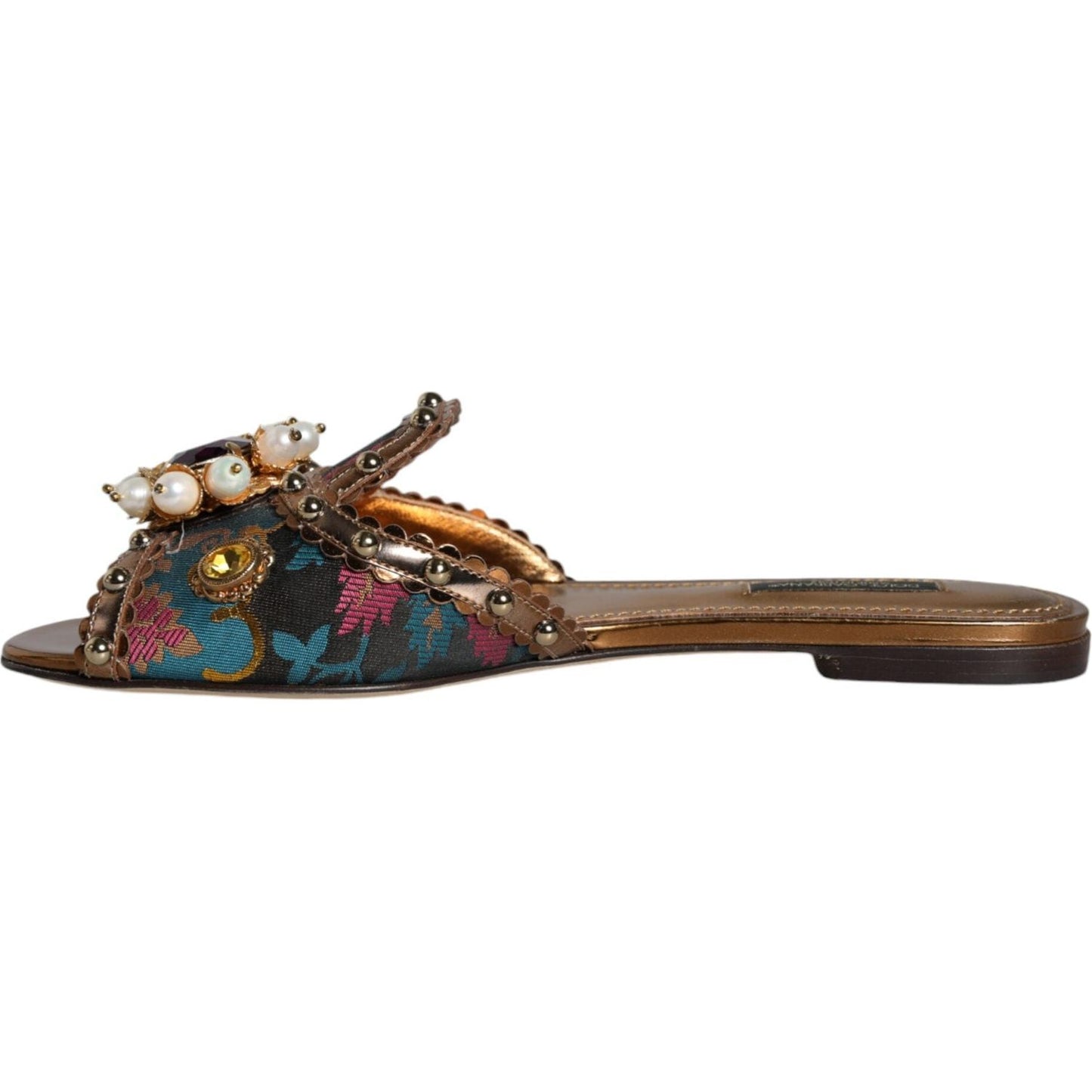 Dolce & Gabbana Multicolor Jacquard Embellished Slides Flats Shoes Dolce & Gabbana