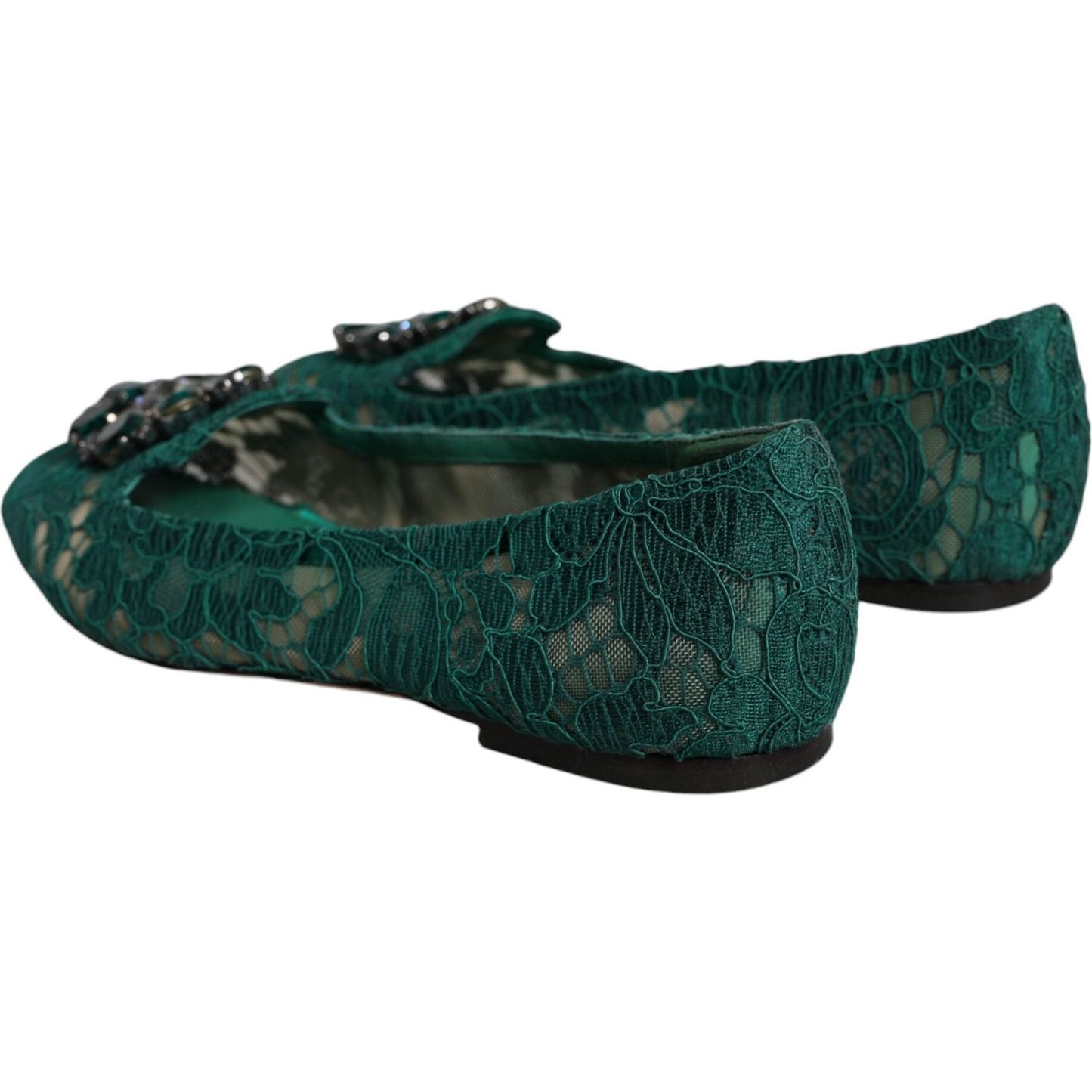 Dolce & Gabbana Green Lace Crystal Ballet Flats Loafers Shoes Dolce & Gabbana