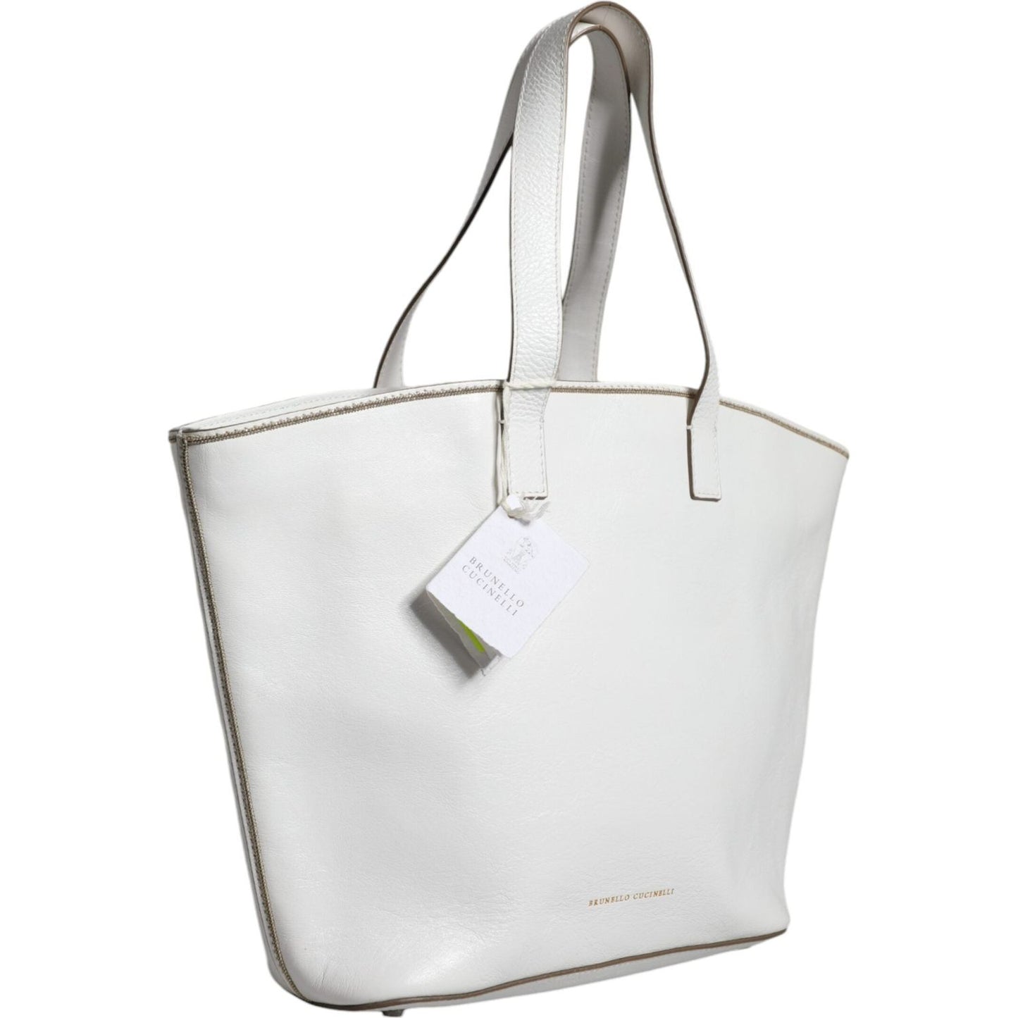 Brunello Cucinelli White Leather Logo Shoulder Strap Shopping Tote Bag Brunello Cucinelli