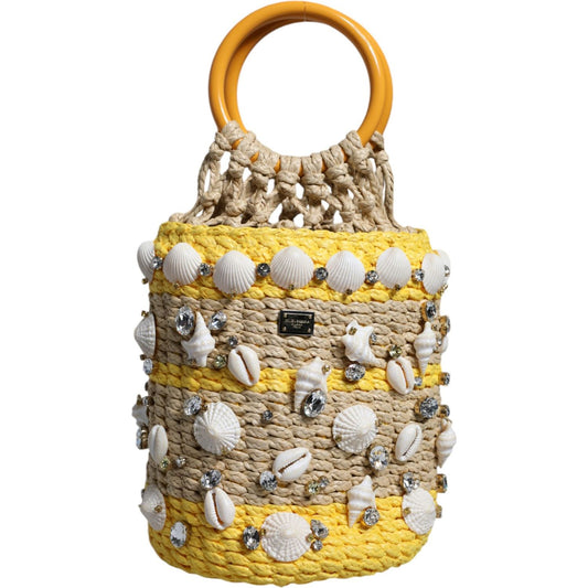 Dolce & Gabbana Beige Yellow Rafia Seashells Crystal Bucket Bag Dolce & Gabbana