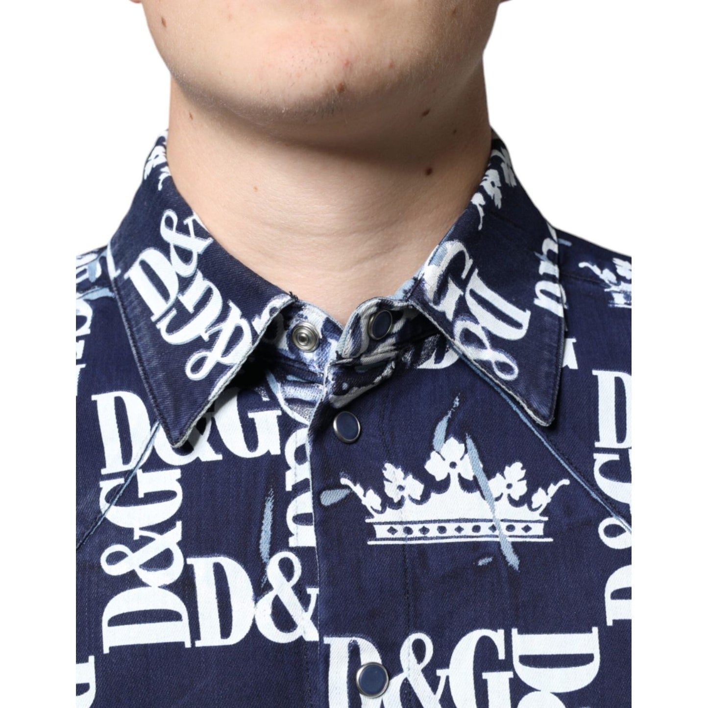 Dolce & Gabbana Blue Crown Logo Print Slim Fit Cotton Shirt Dolce & Gabbana