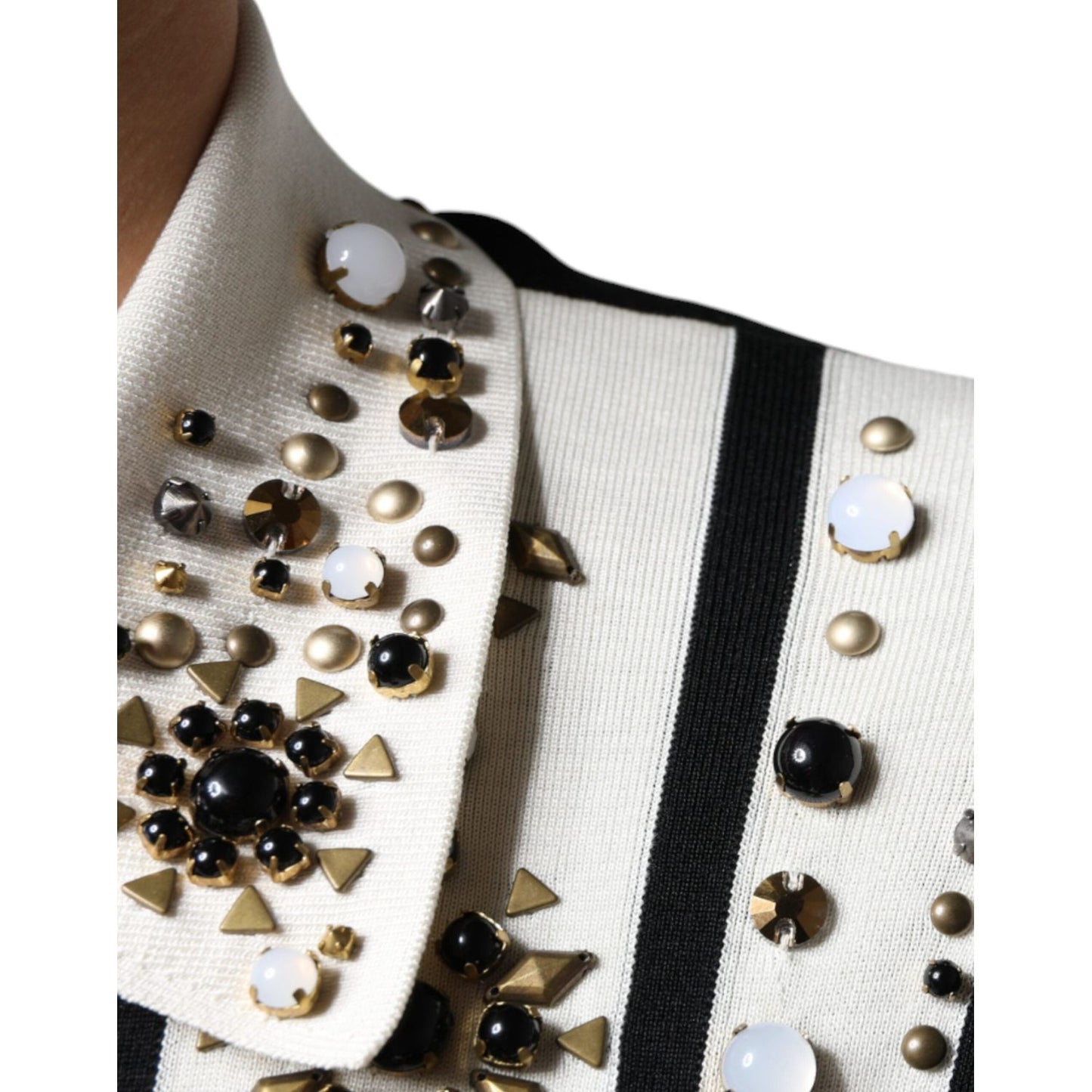 Dolce & Gabbana White Black Silk Studded Stone Crystal Shirt Dolce & Gabbana