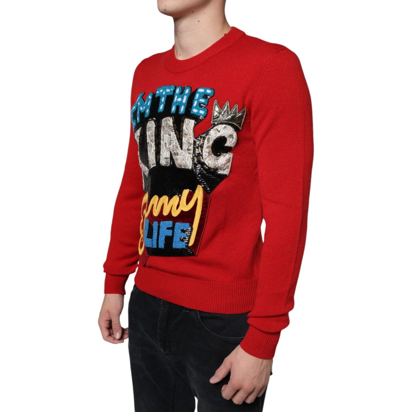 Dolce & Gabbana Red I'm The King Wool Crew Neck Sweatshirt Sweater Dolce & Gabbana