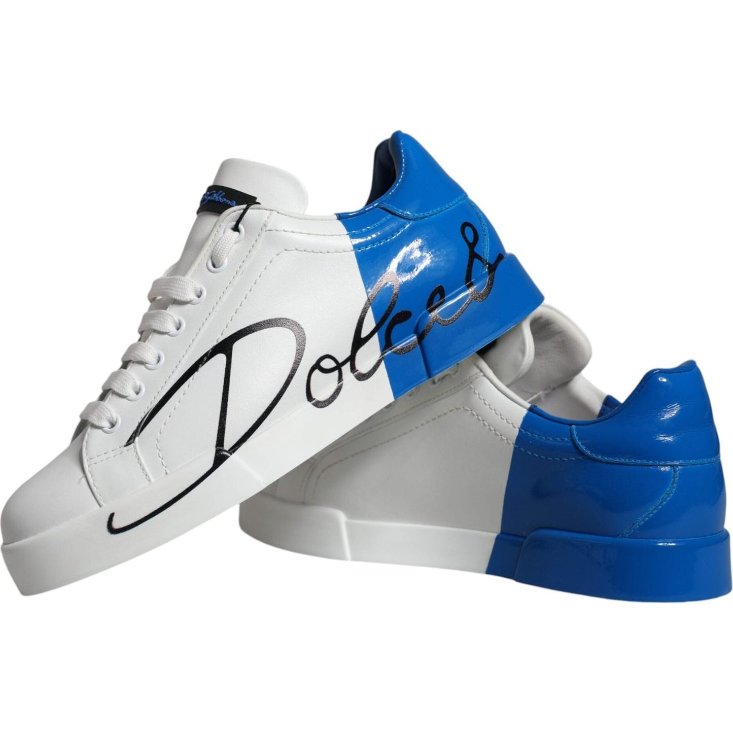 Dolce & Gabbana White Blue Leather Logo Low Top Sneakers Shoes