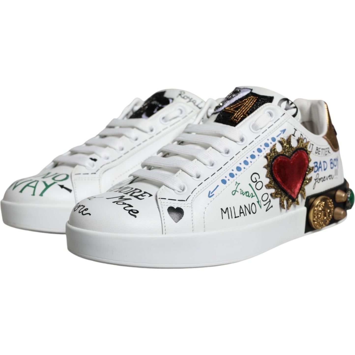 Dolce & Gabbana White Heart Studded Low Top Sneakers Shoes Dolce & Gabbana