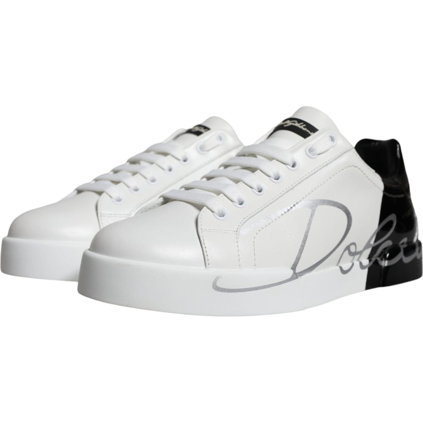 Dolce & Gabbana White Blue Leather Logo Low Top Sneakers Shoes