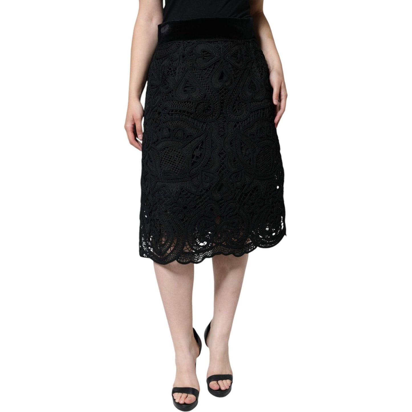 Dolce & Gabbana Black Floral Lace High Waist Pencil Cut Skirt Dolce & Gabbana