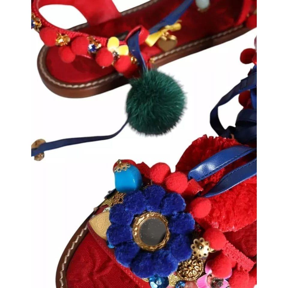 Dolce & Gabbana Multicolor Pom Pom Fur Wrap Sandals Shoes Dolce & Gabbana