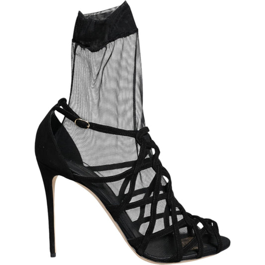 Dolce & Gabbana Black Tulle Stretch Heels Sandals Shoes Dolce & Gabbana