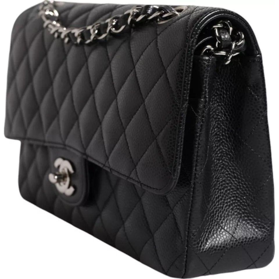 Chanel Black Caviar Medium Classic Double Flap Shoulder Quilted Silver Bag Chanel