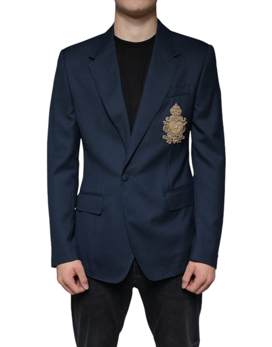 Dolce & Gabbana Blue Wool Logo Single Breasted Coat Blazer