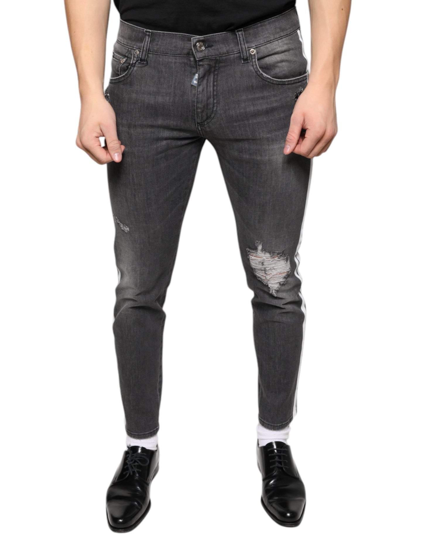 Dolce & Gabbana Black Tattered Cotton Skinny Men Denim Jeans Dolce & Gabbana