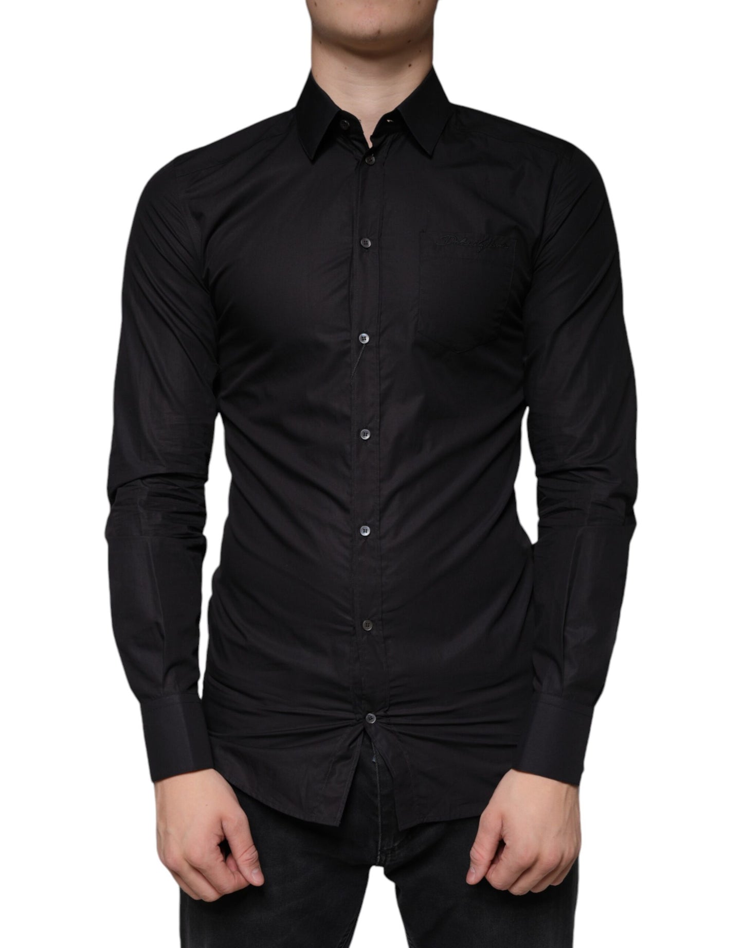 Dolce & Gabbana Black Cotton Stretch Dress GOLD Formal Shirt Dolce & Gabbana