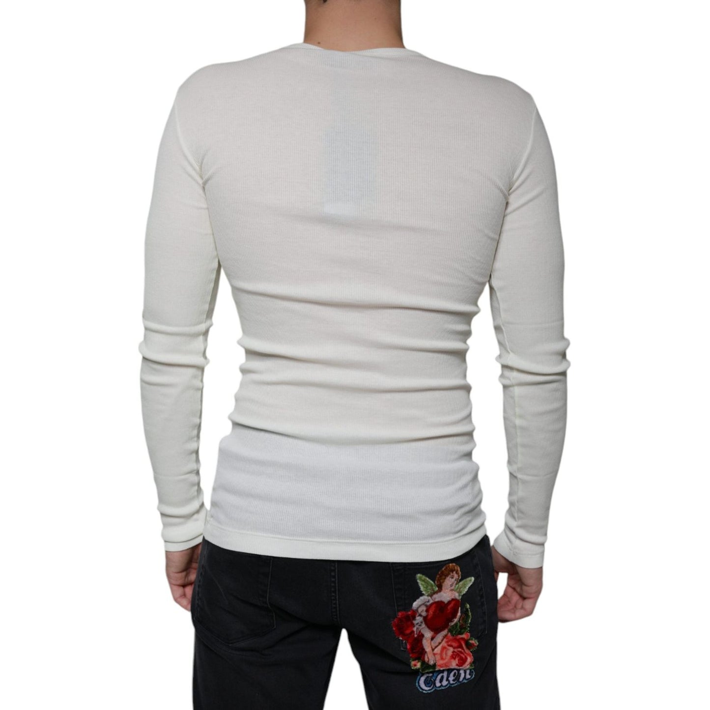 Dolce & Gabbana White Cotton Henley Crew Neck Pullover Sweater Dolce & Gabbana