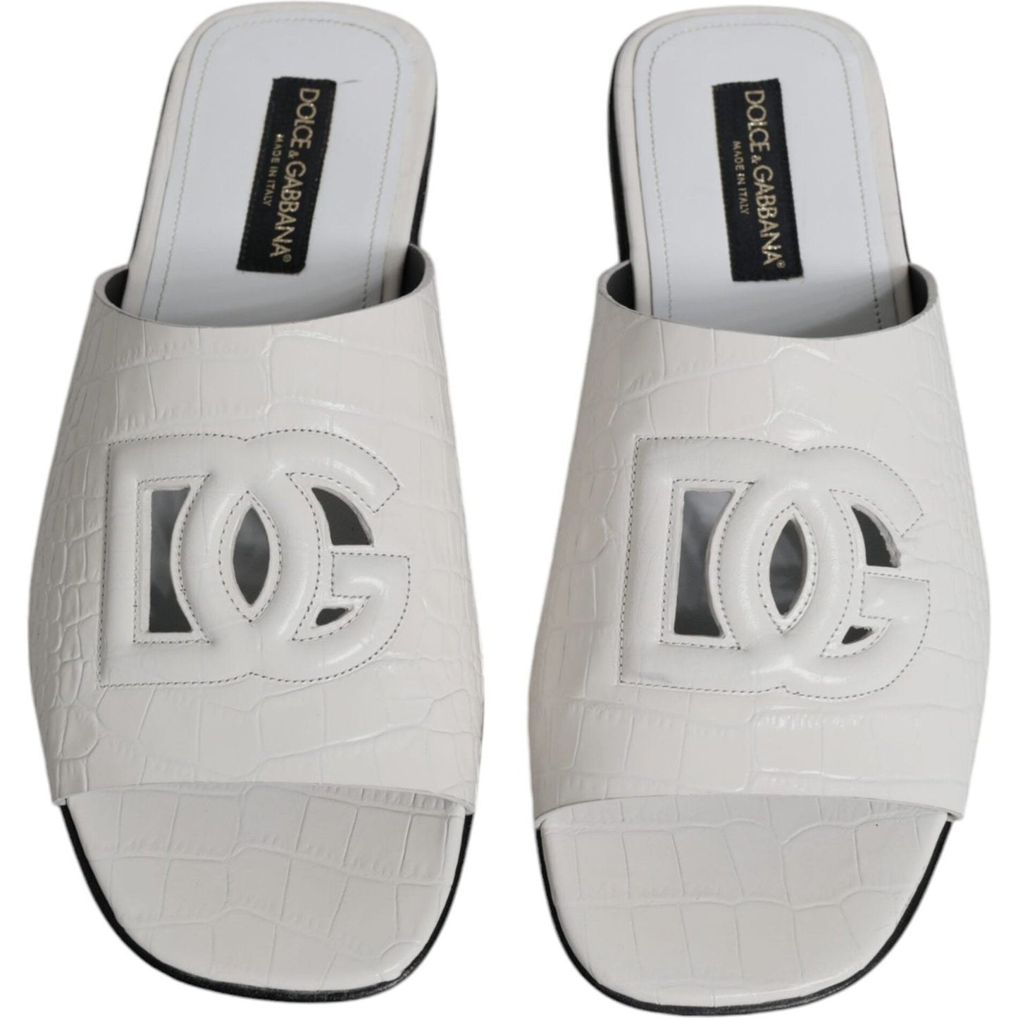 Dolce & Gabbana White DG Cut Out Leather Slides Sandals Shoes