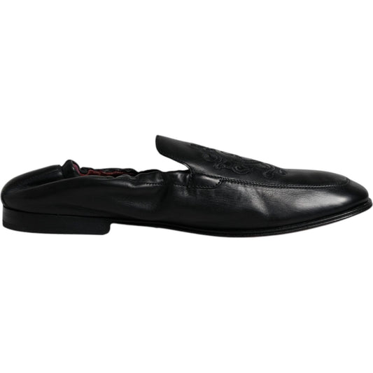 Dolce & Gabbana Black Logo Embroidered Leather Loafer Men Dress Shoes