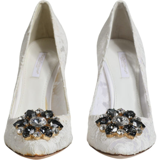 Dolce & Gabbana White Taormina Lace Crystal Heel Pumps Shoes