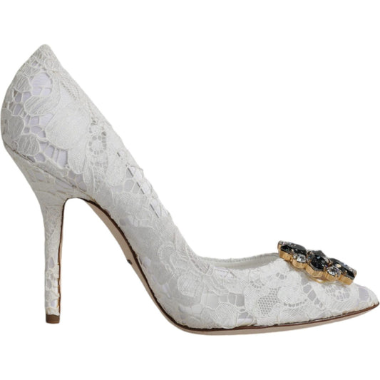 Dolce & Gabbana White Taormina Lace Crystal Heel Pumps Shoes