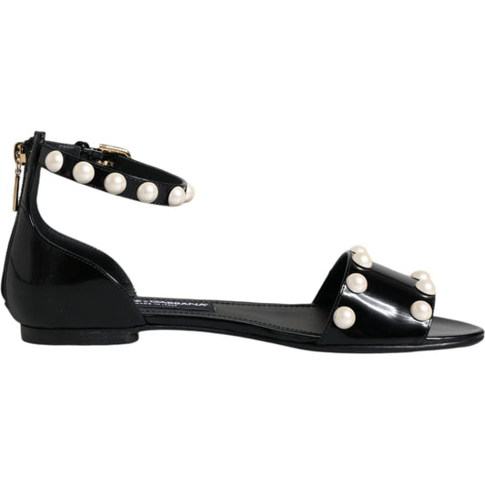 Dolce & Gabbana Black Leather Pearls Ankle Strap Sandals Shoes