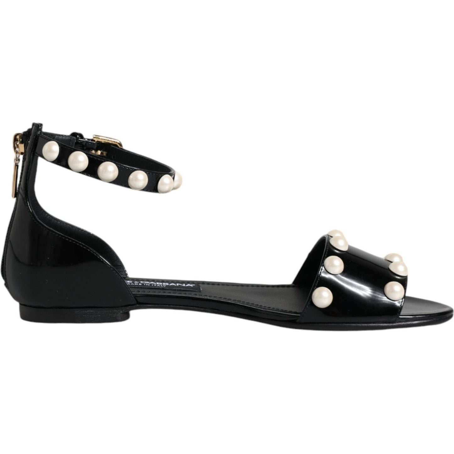 Dolce & Gabbana Black Leather Pearls Ankle Strap Sandals Shoes Dolce & Gabbana