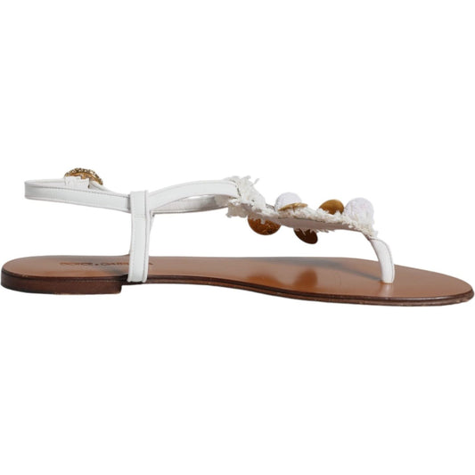 Dolce & Gabbana White Leather Coins Flip Flops Sandals Shoes