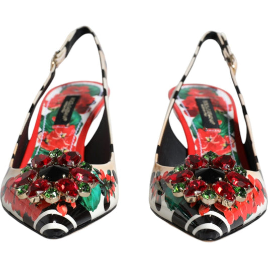 Dolce & Gabbana Multicolor Leather Crystal Heels Slingback Shoes