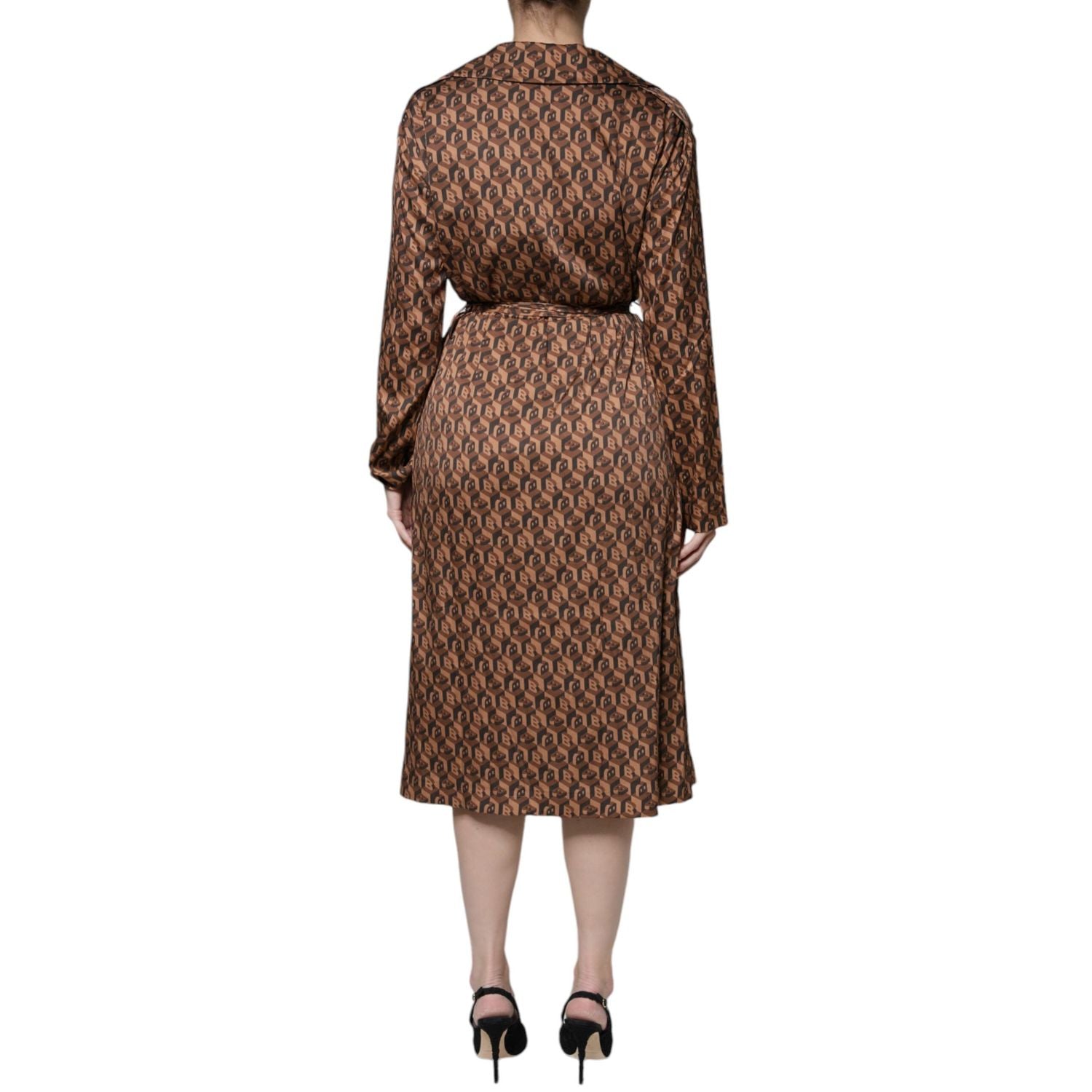 Ballantyne Brown Printed Long Sleeves V-neck Wrap Midi Dress