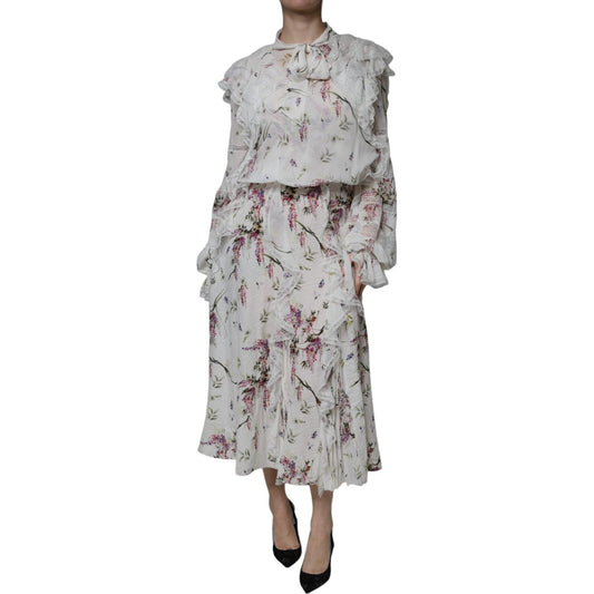 Ermanno Scervino White Floral Ruffles Lace Long Sleeves Maxi Dress