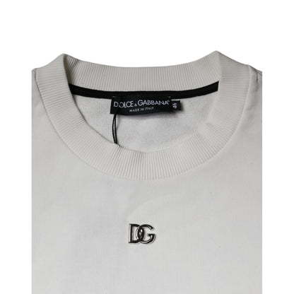 Dolce & Gabbana White Logo Cotton Crew Neck Pullover Sweater