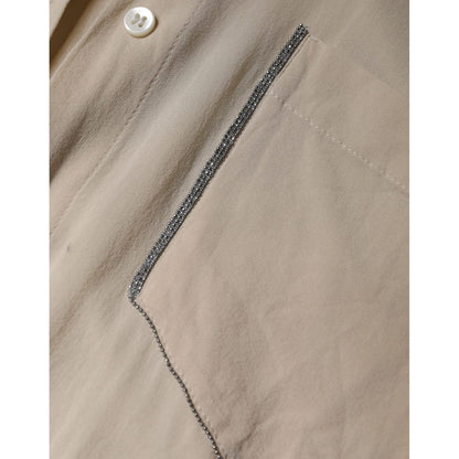 Brunello Cucinelli Beige Silk Blend Collared Button Down Top