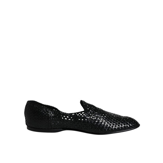 Dolce & Gabbana Black Woven Leather Slip On Loafers Shoes