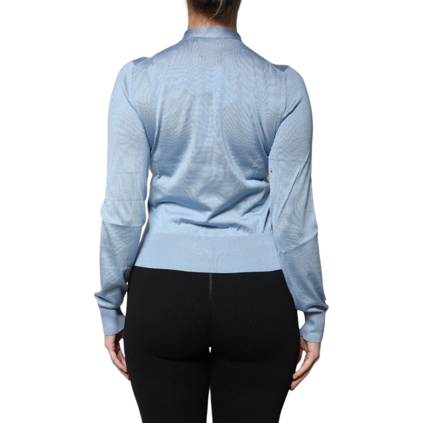 Dolce & Gabbana Blue Silk Knit Pullover Ascot Collar Top
