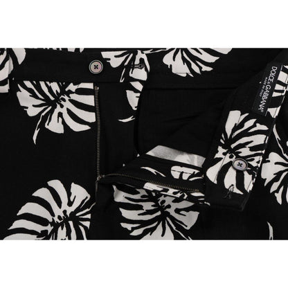 Dolce & Gabbana White Black Leaf Cotton Stretch Slim Pants