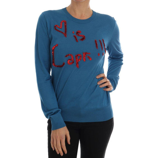 Dolce & Gabbana Blue Silk Love is Pullover Sweater