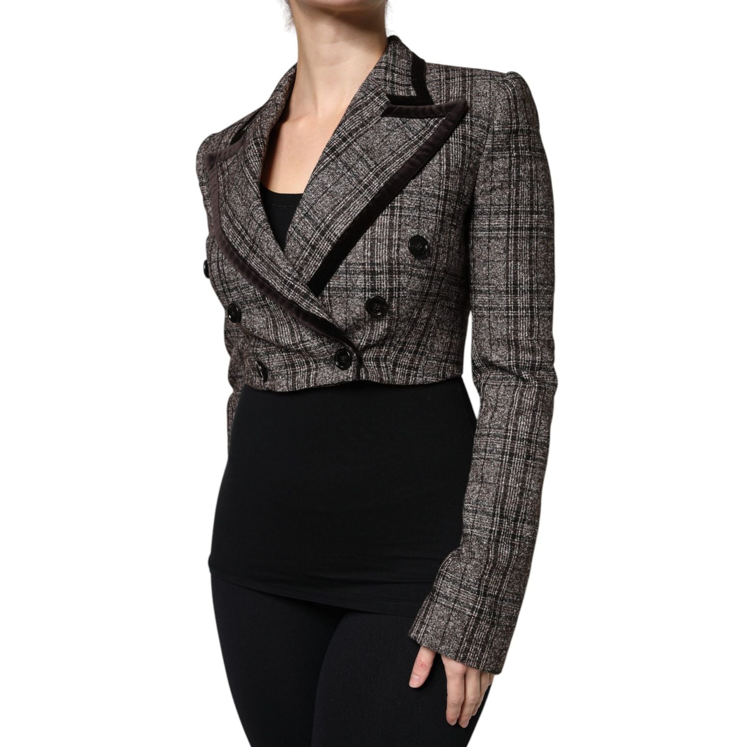 Dolce & Gabbana Brown Plaid Long Sleeve Cropped Coat Jacket