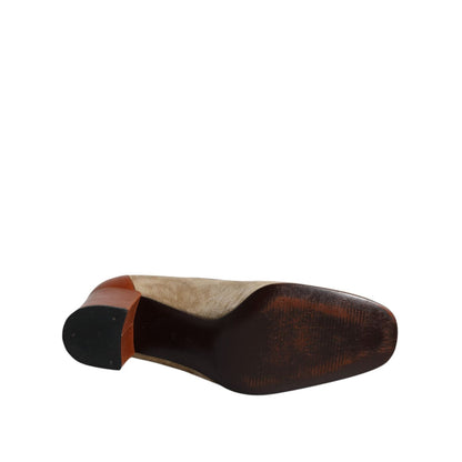 Dolce & Gabbana Beige Brown Leather Block Heels Pumps Shoes