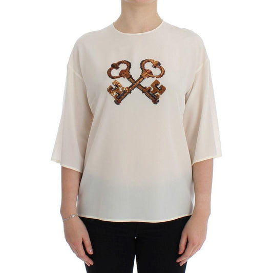 Dolce & Gabbana White Sequined Key Silk Blouse T-shirt Top