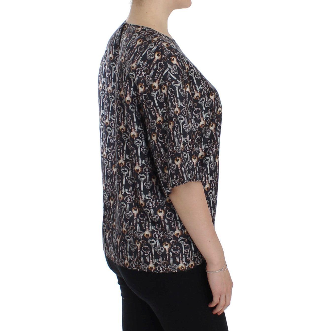 Dolce & Gabbana Gray Gold Key Print Silk Blouse T-shirt