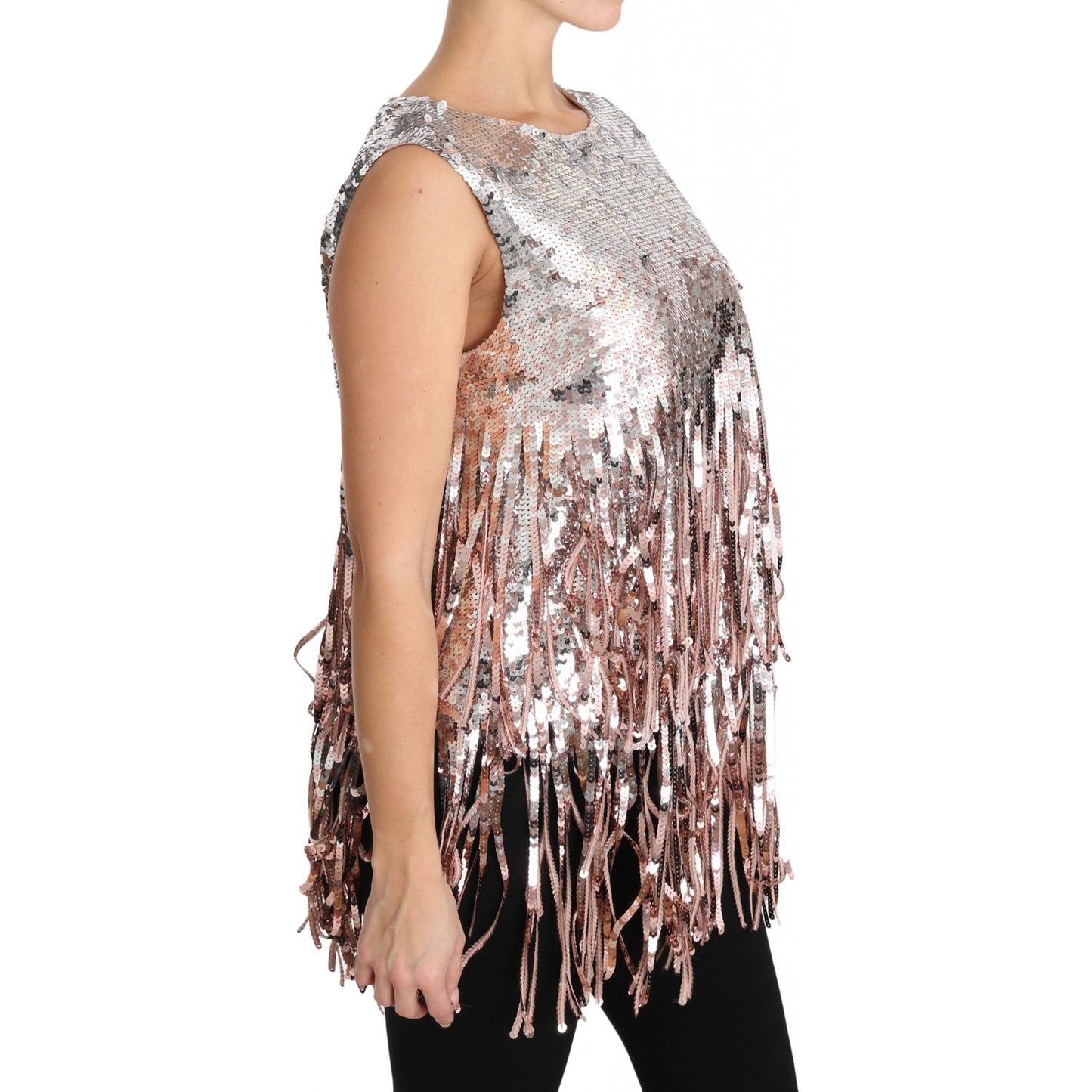 Dolce & Gabbana Golden Pink Sequined Fringe Elegance Top Dolce & Gabbana