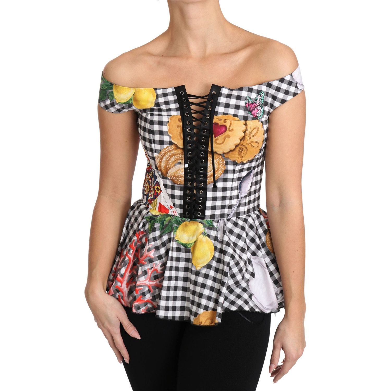 Dolce & Gabbana Black and White Corset Blouse Sicily Lemon Check Top