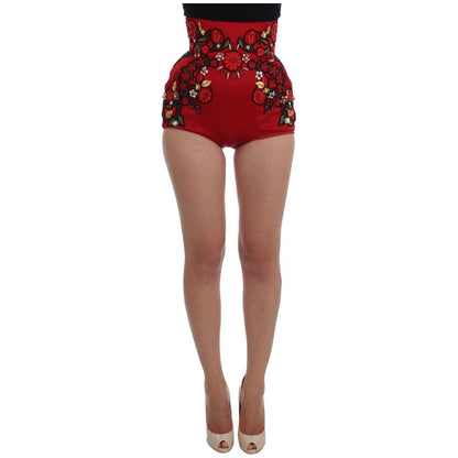 Dolce & Gabbana Red Silk Crystal Roses Shorts