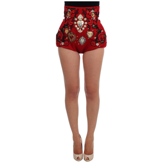 Dolce & Gabbana Red Silk Crystal-Embellished Mini Shorts Dolce & Gabbana