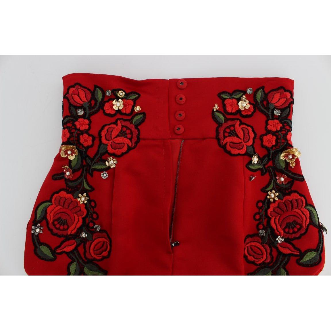 Dolce & Gabbana Red Silk Crystal-Embellished Mini Shorts Dolce & Gabbana