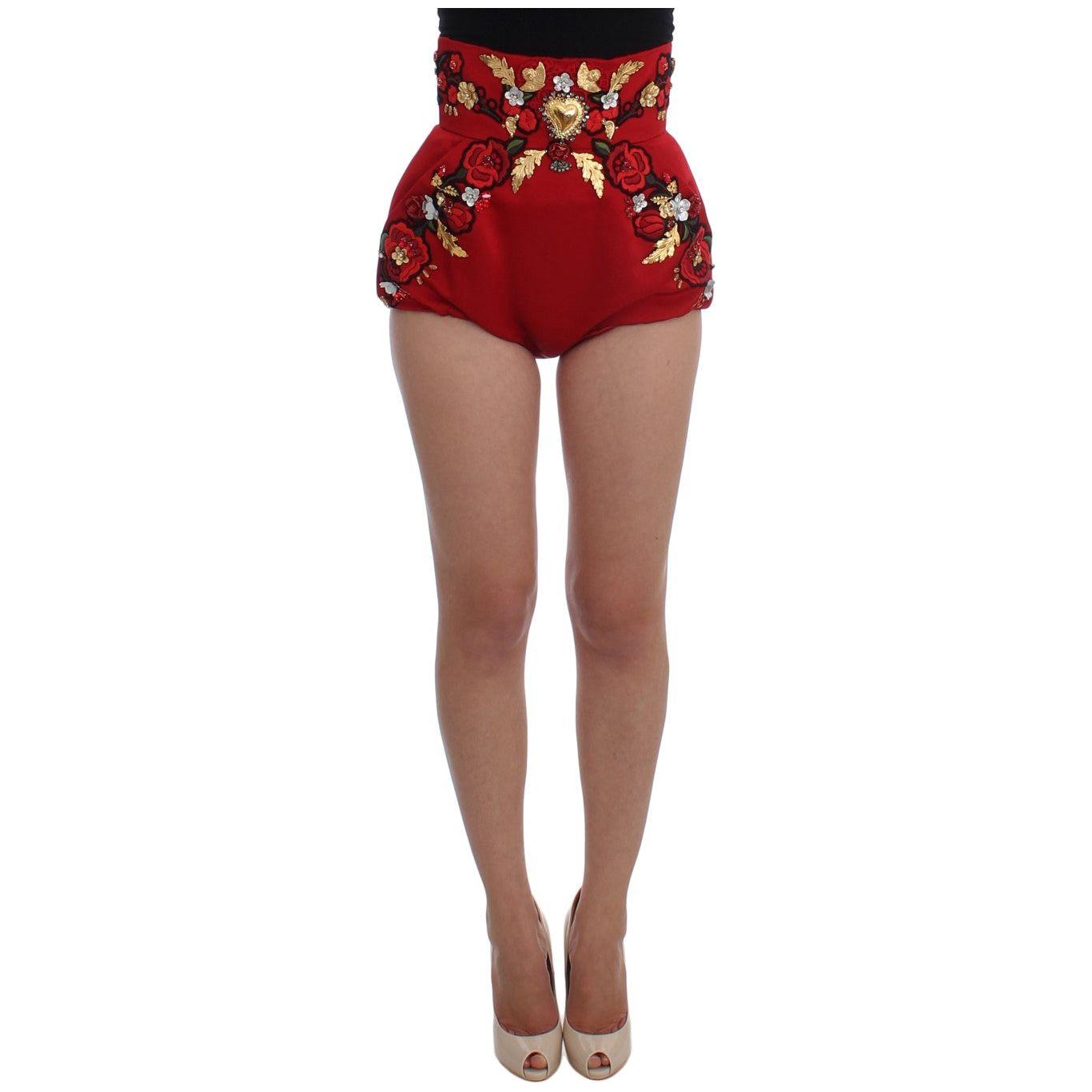 Dolce & Gabbana Red Silk Crystal Roses Shorts
