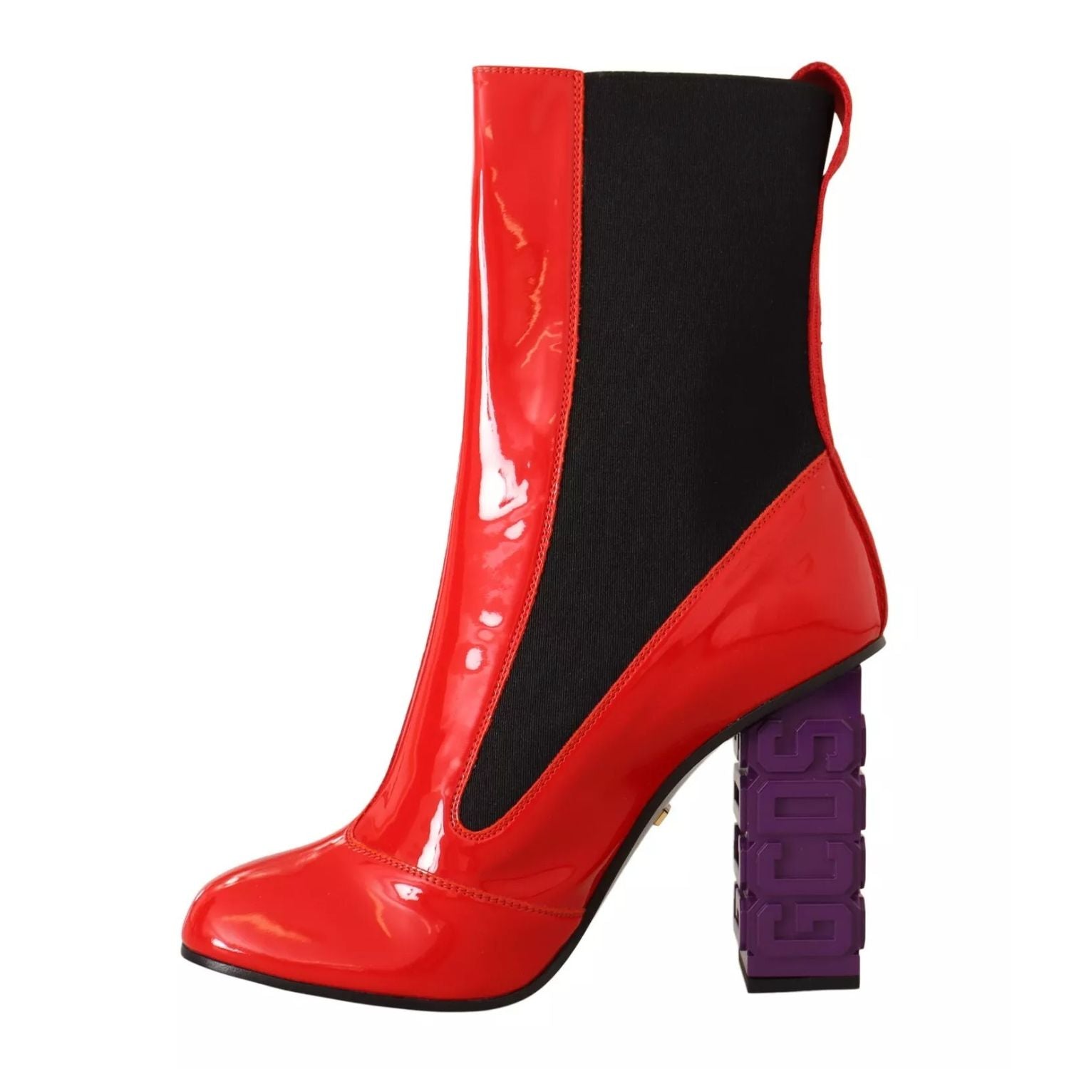 GCDS Red Leather Black Fabric Logo Heel Ankle Boots Shoes