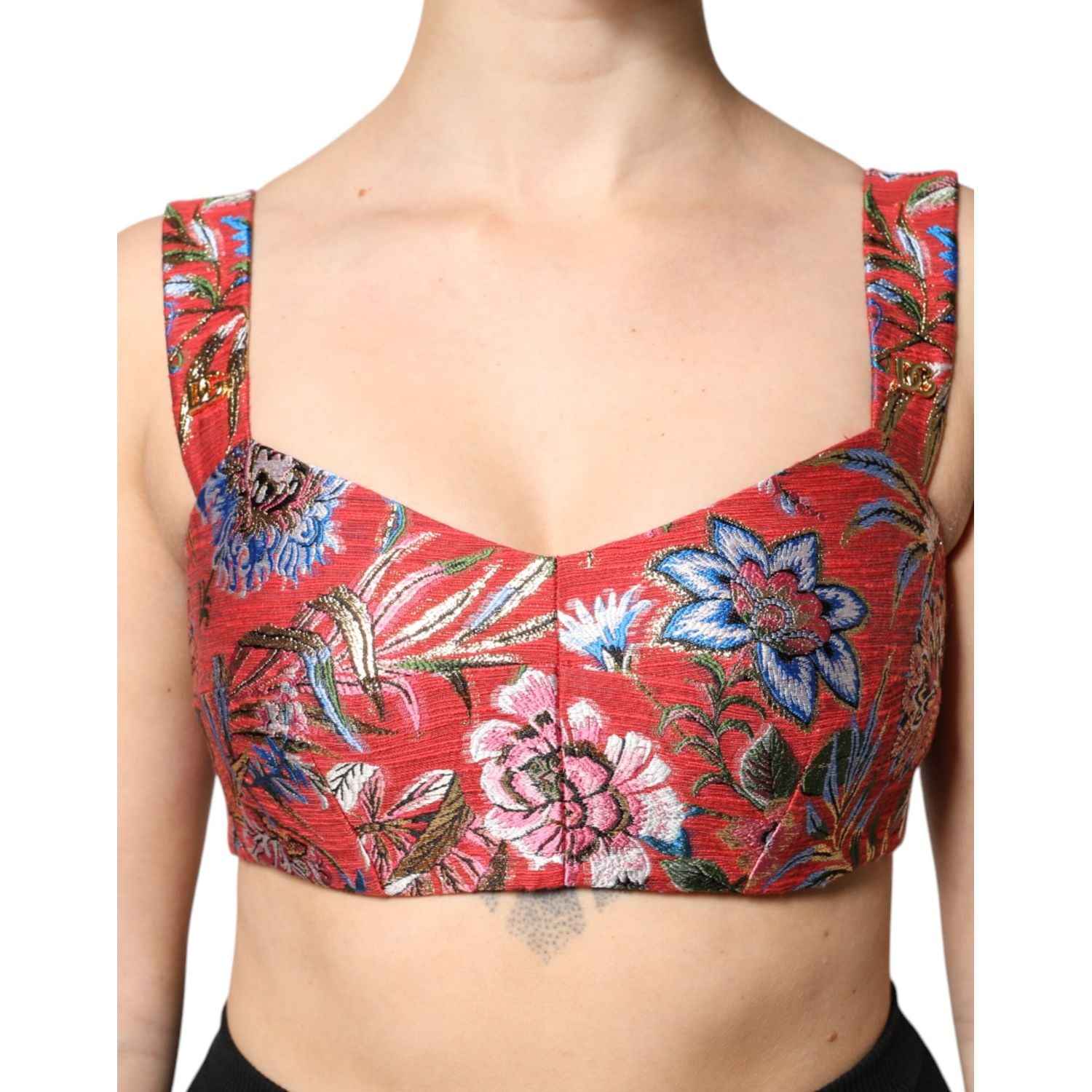 Dolce & Gabbana Red Floral Brocade Cropped Bustier Corset Top