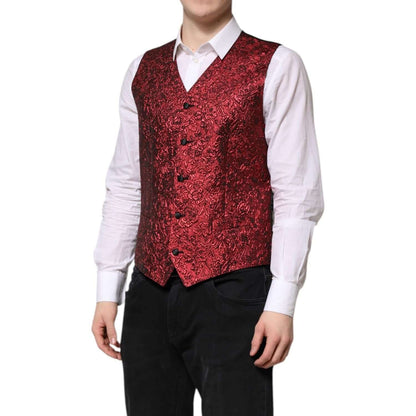 Dolce & Gabbana Red Floral Brocade Formal Men Waistcoat Vest