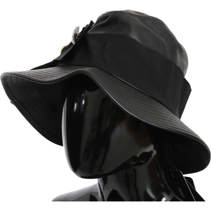 Dolce & Gabbana Black Leather DG Coin Crystal Wide Brim Hat